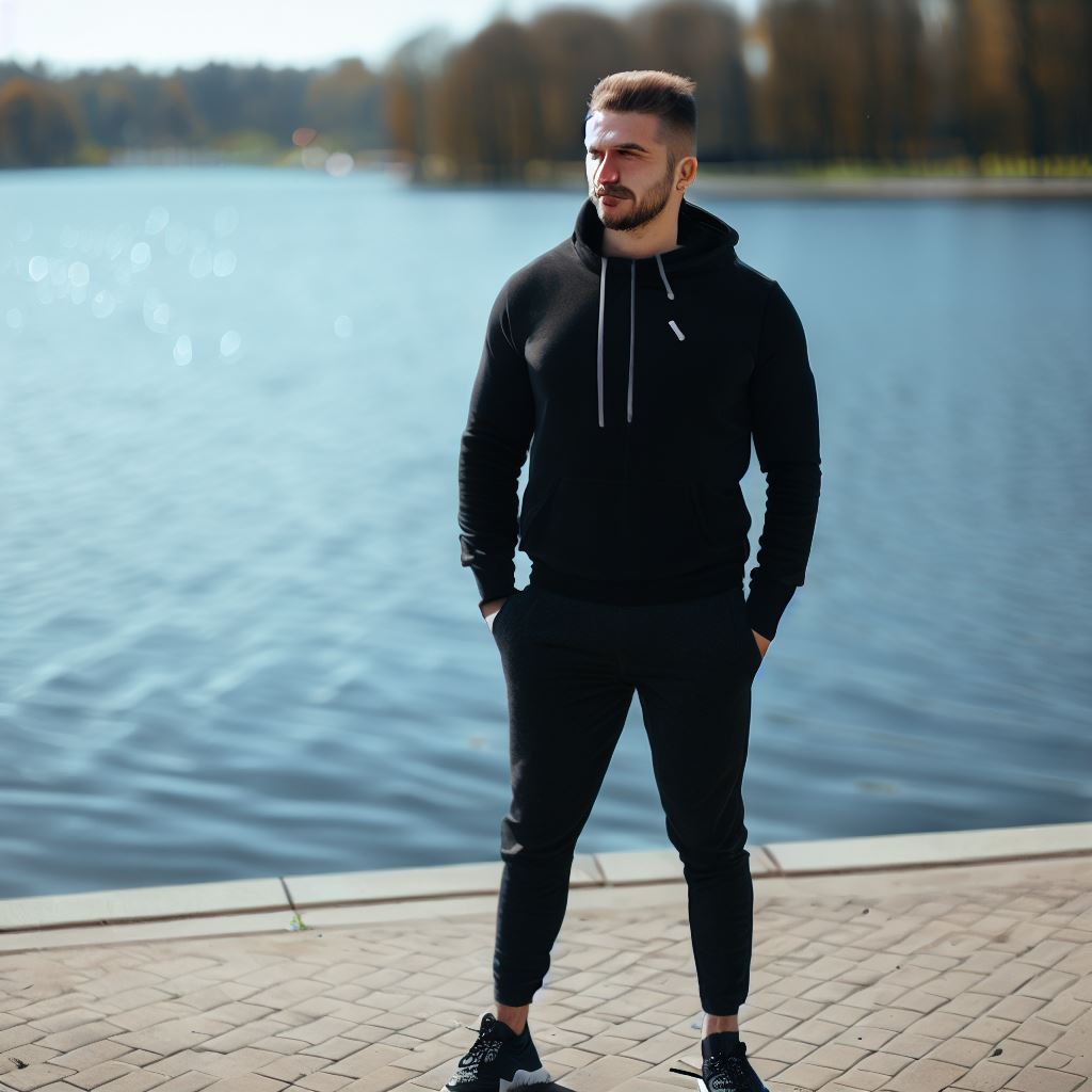 Мужчина во весь рост в черном спортивном костюме стоит у пруда, смотря вдаль и держа руки в карманах